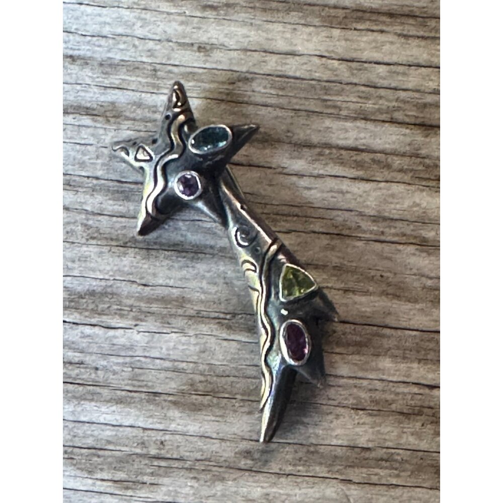 Sterling Silver Star Pin Brooch With Gemstones 2" 9.2g Vintage 925